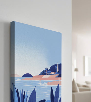 Serene seaside scene with lighthouse and tropical foliage