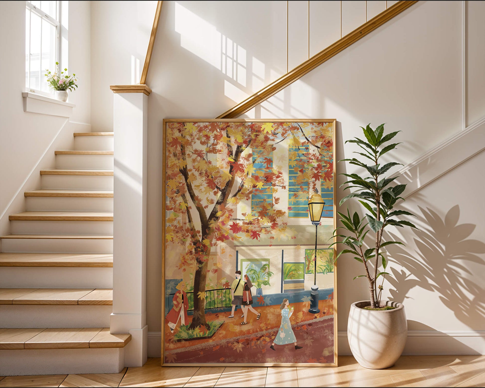 Calle de la ciudad en otoño con hojas coloridas y personas caminando