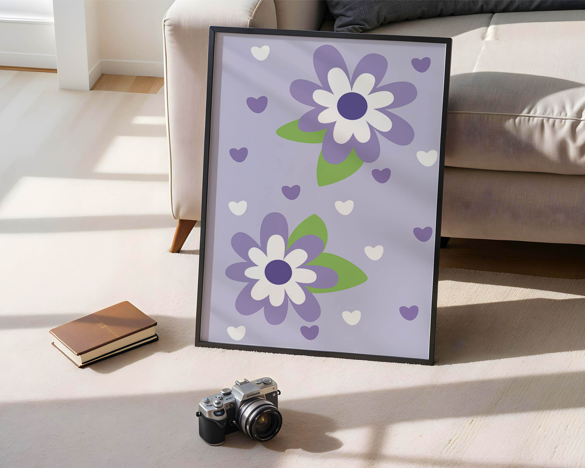 Elegant purple floral pattern with green leaves and heart accents
