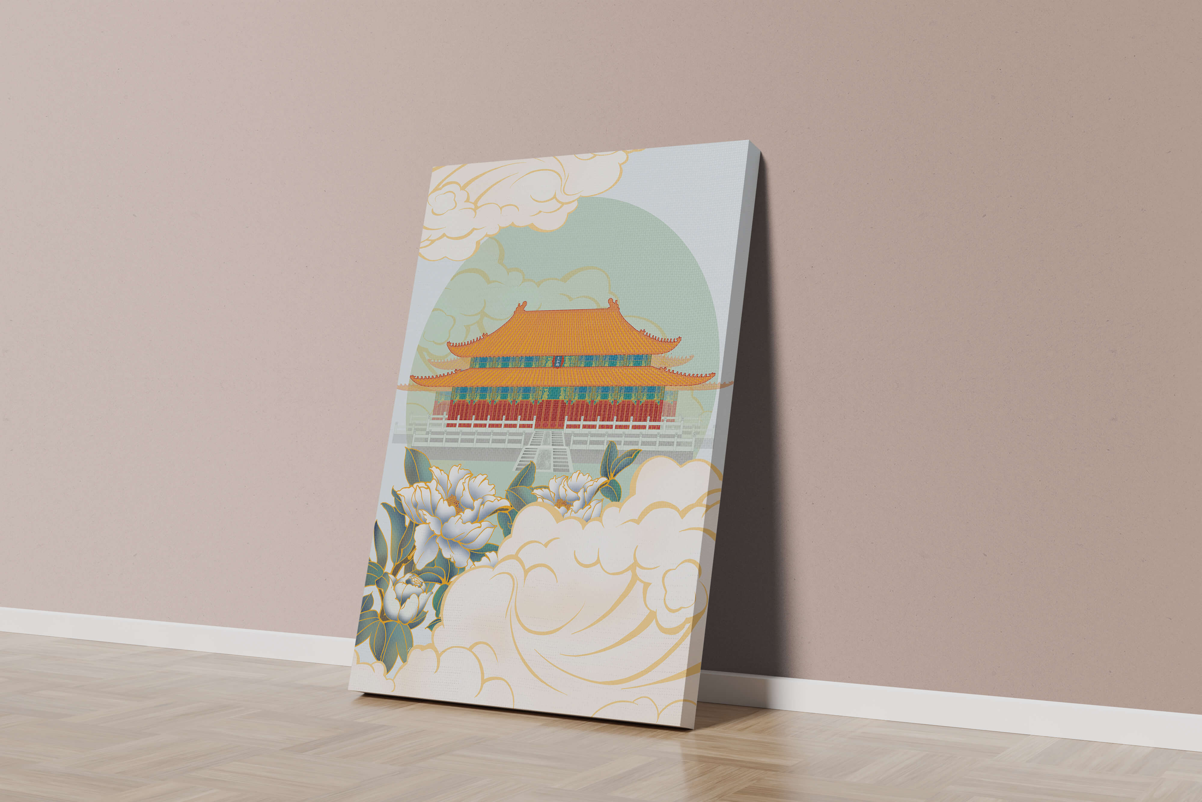 Traditional Asian palace illustration with floral and cloud motifs