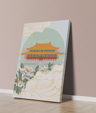Traditional Asian palace illustration with floral and cloud motifs
