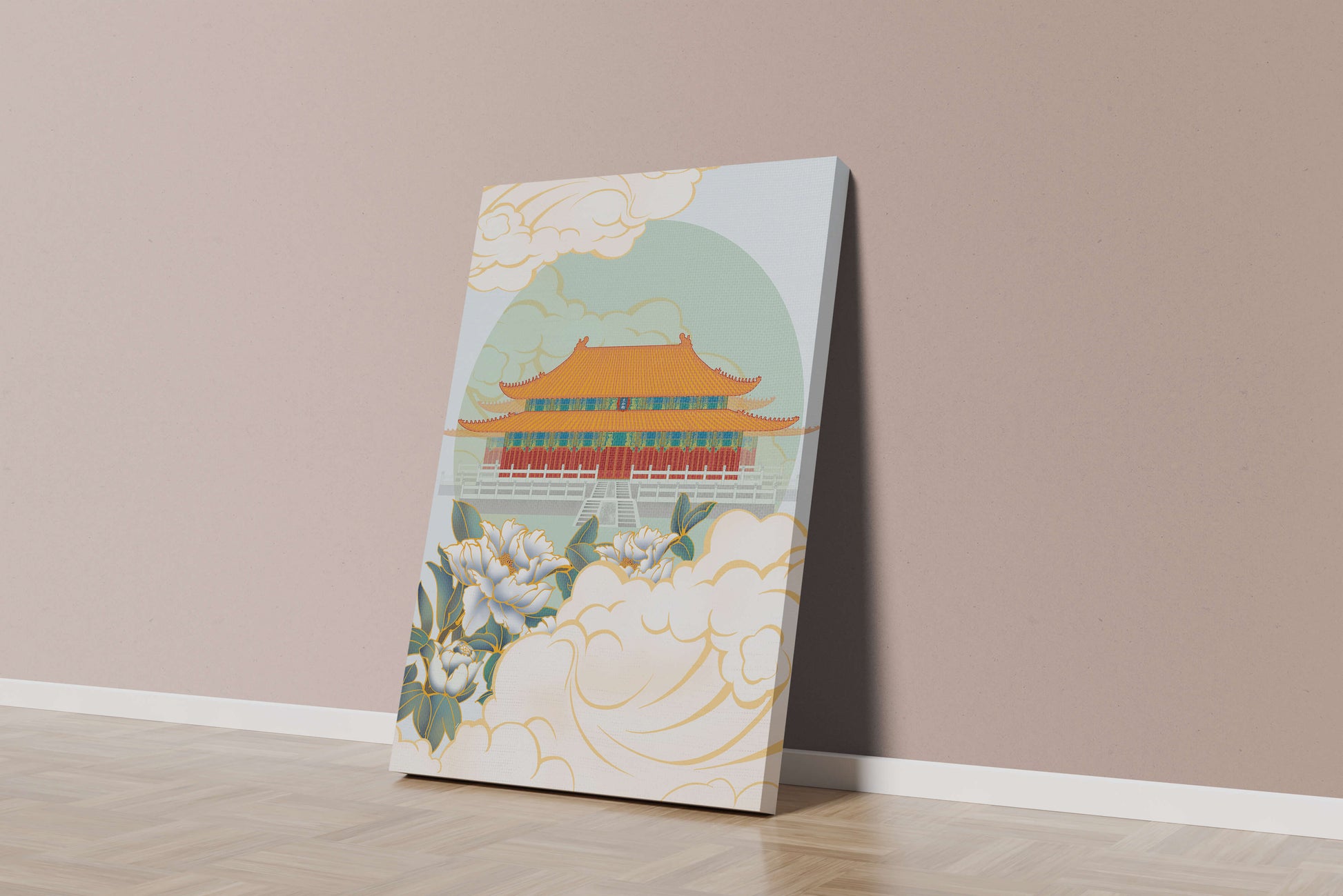 Traditional Asian palace illustration with floral and cloud motifs