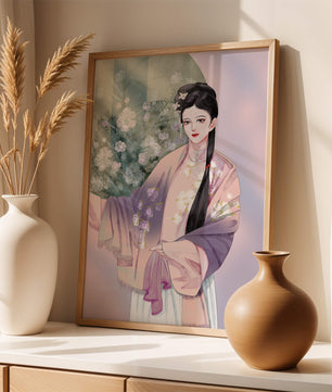 Elegant Asian Woman in Traditional Attire with Floral Background - Mi tienda