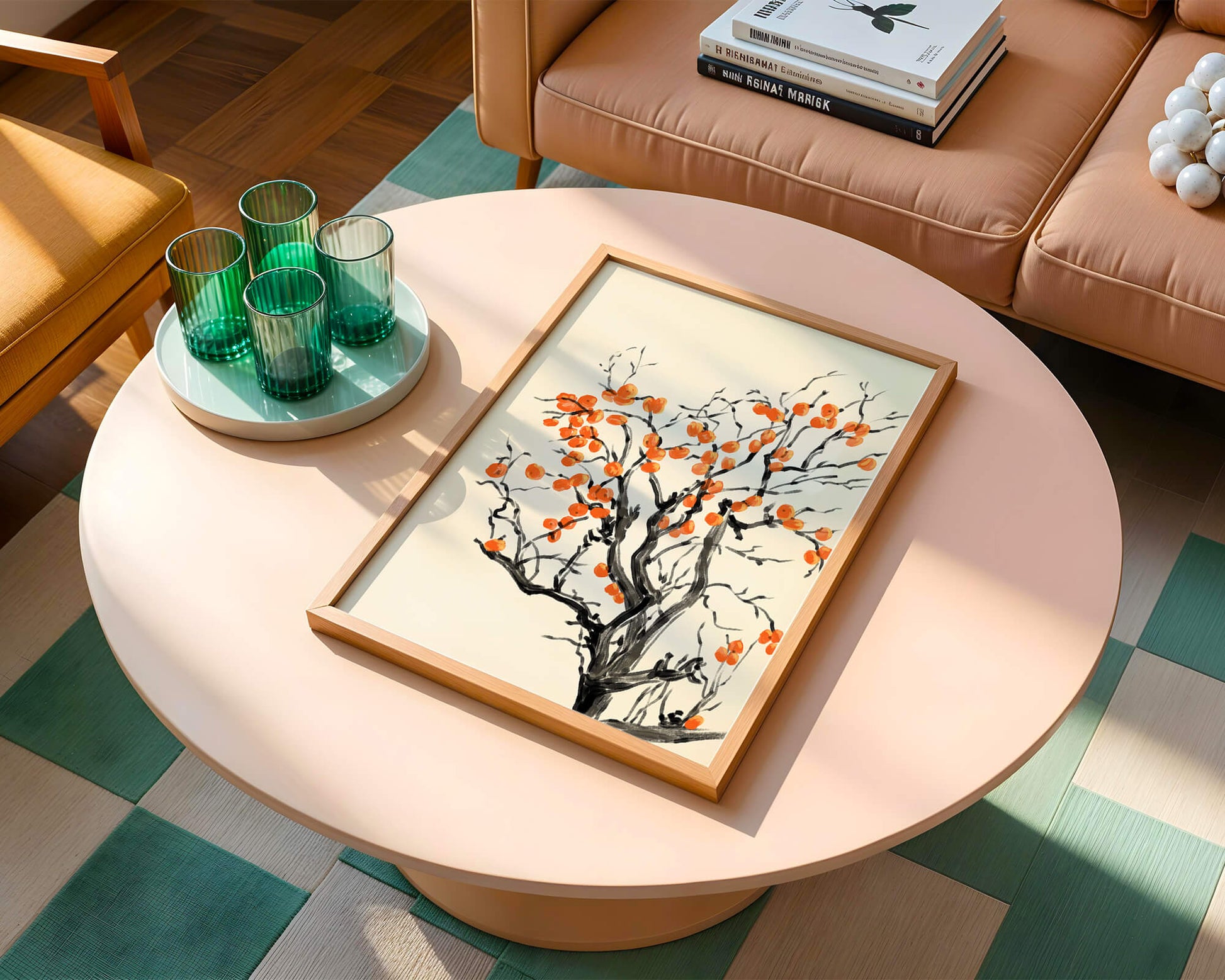 Elegant watercolor tree with vibrant orange fruit