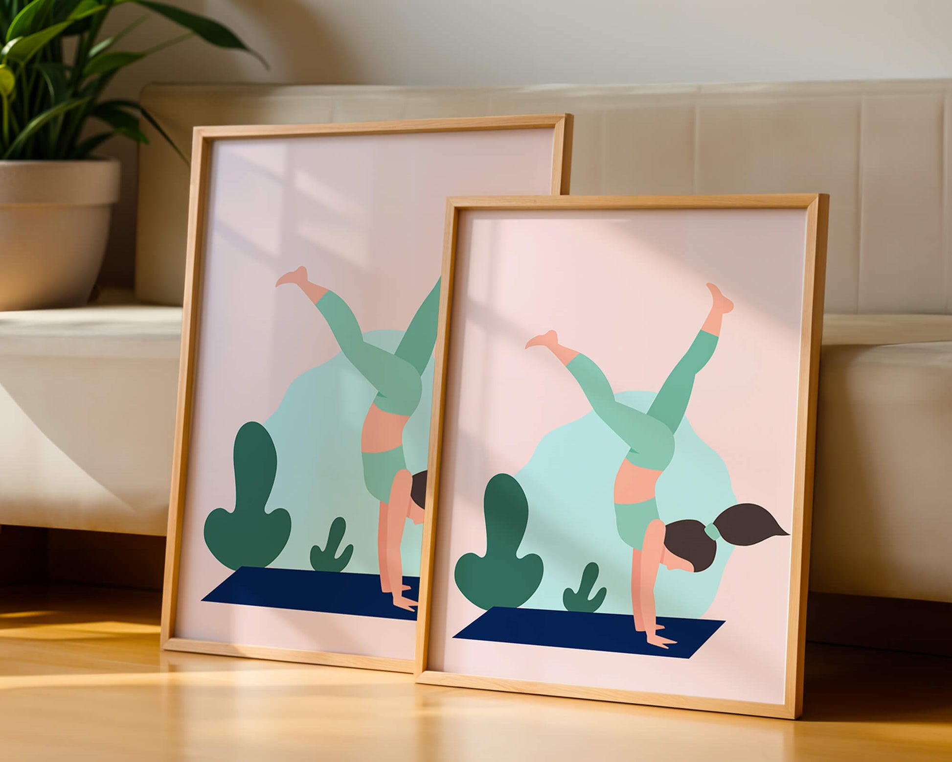 Illustration of a woman practicing yoga handstand pose