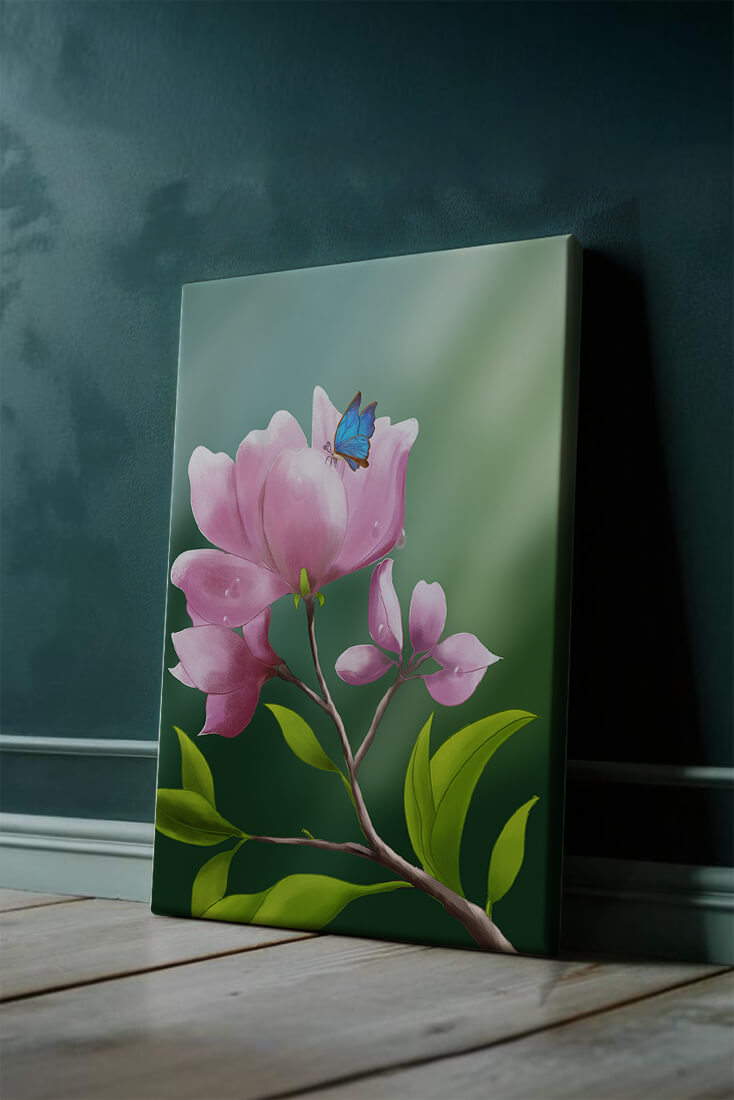 Delicate pink flower with a vibrant blue butterfly in a serene garden setting