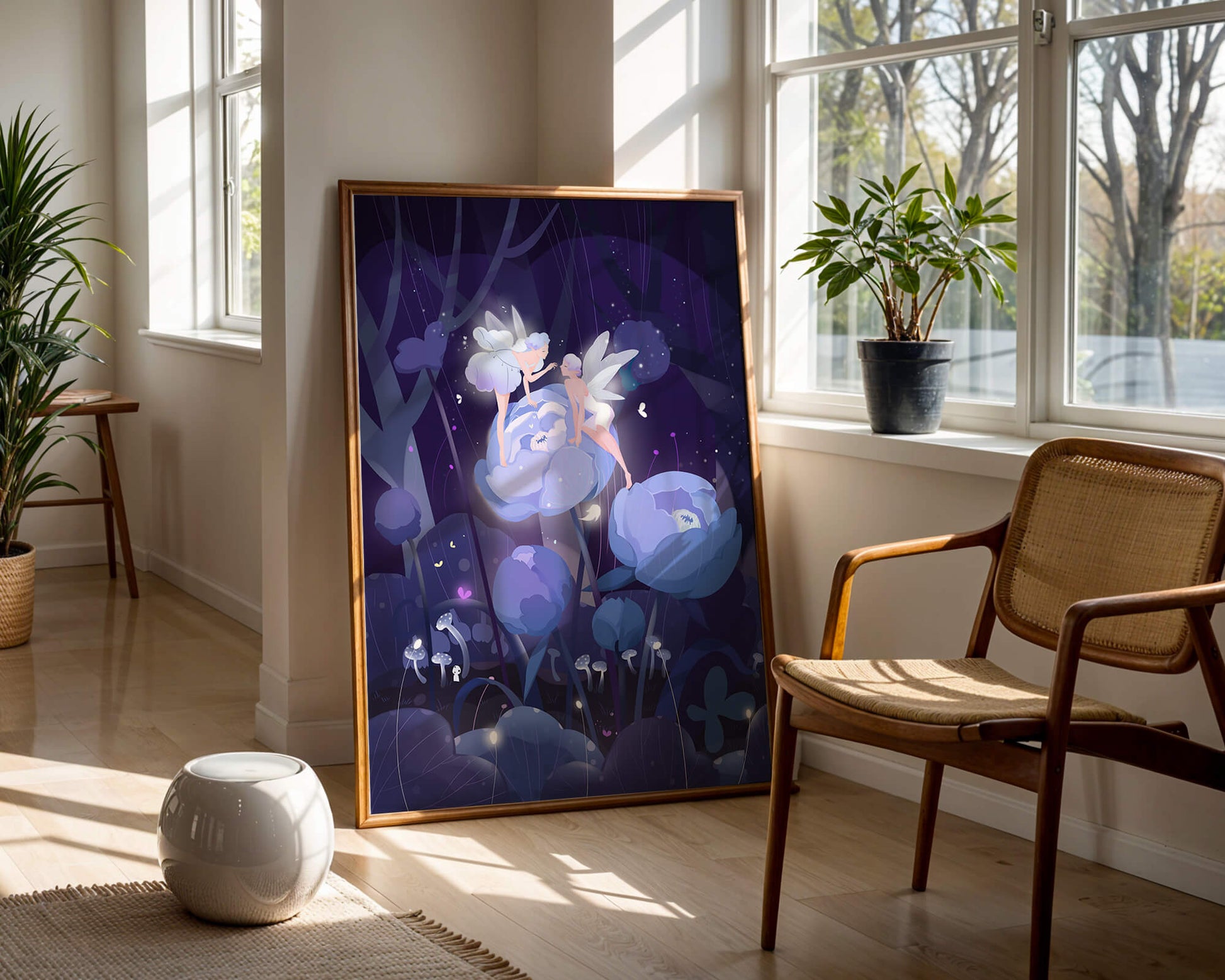 La forêt enchantée avec des fées et des fleurs lumineuses la nuit