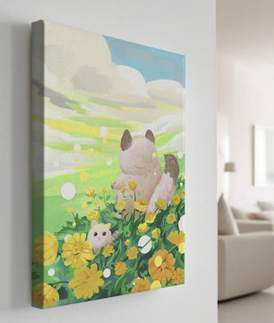 Whimsical Scene of Fluffy Cat and Kitten Among Yellow Flowers