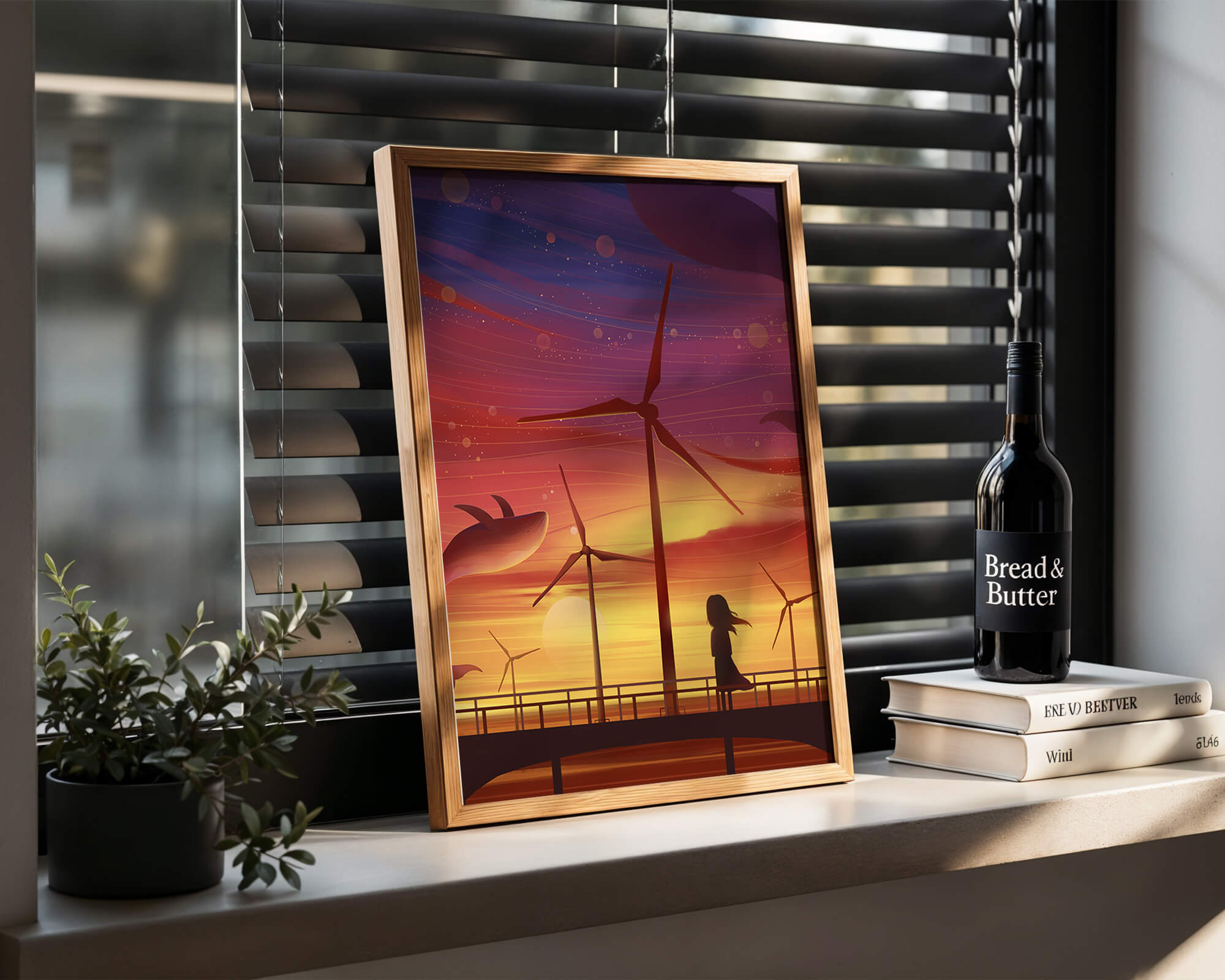 Enchanting sunset scene with wind turbines and silhouette of a girl