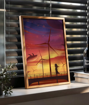 Enchanting sunset scene with wind turbines and silhouette of a girl