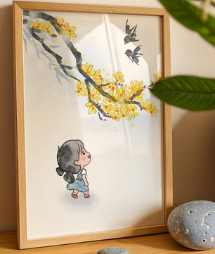 Charming illustration of a child gazing at birds and yellow blossoms