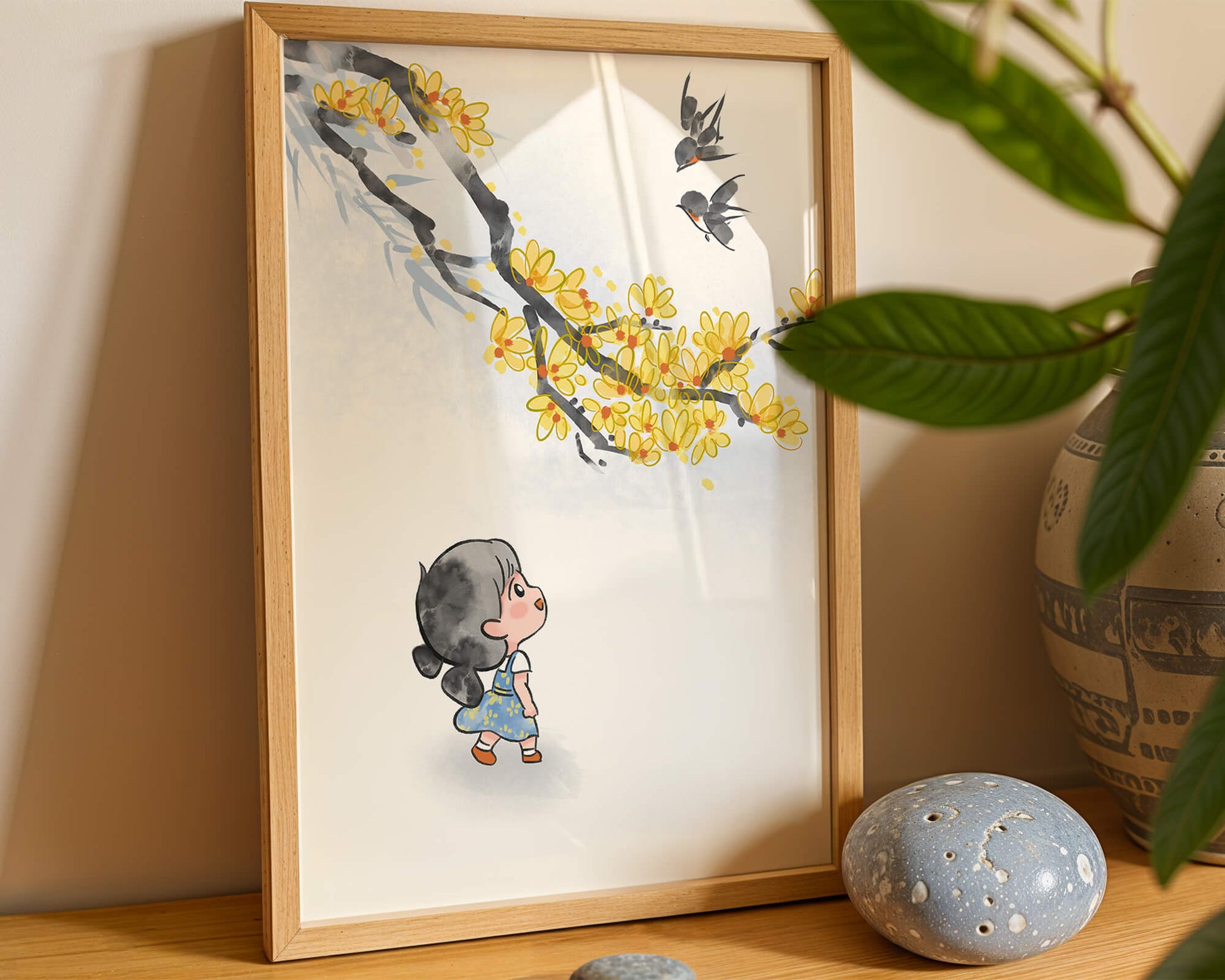 Charming illustration of a child gazing at birds and yellow blossoms