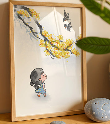 Charming illustration of a child gazing at birds and yellow blossoms