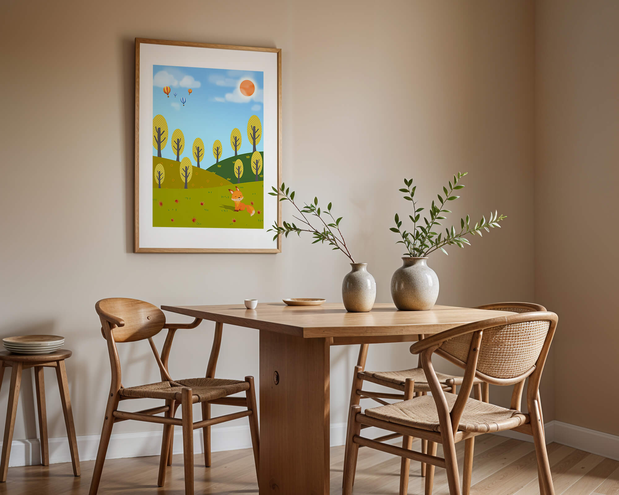 Whimsical landscape with hot air balloons and a fox in autumn scenery