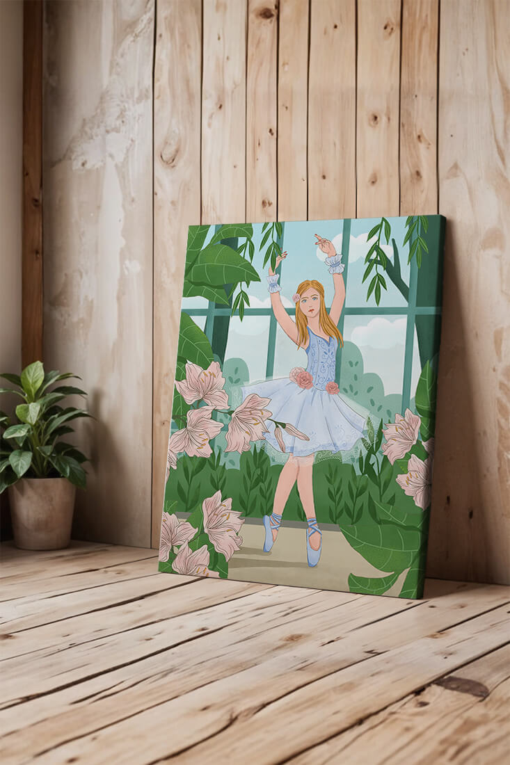 Elegant ballet dancer in a floral and botanical setting