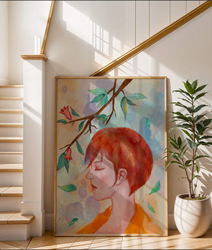 Illustrative artwork of a woman with red hair and floral branch