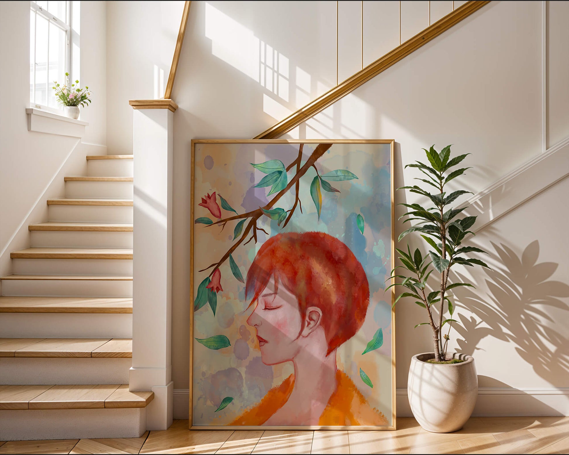 Illustrative artwork of a woman with red hair and floral branch