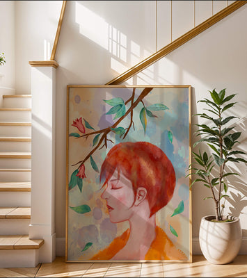Illustrative artwork of a woman with red hair and floral branch