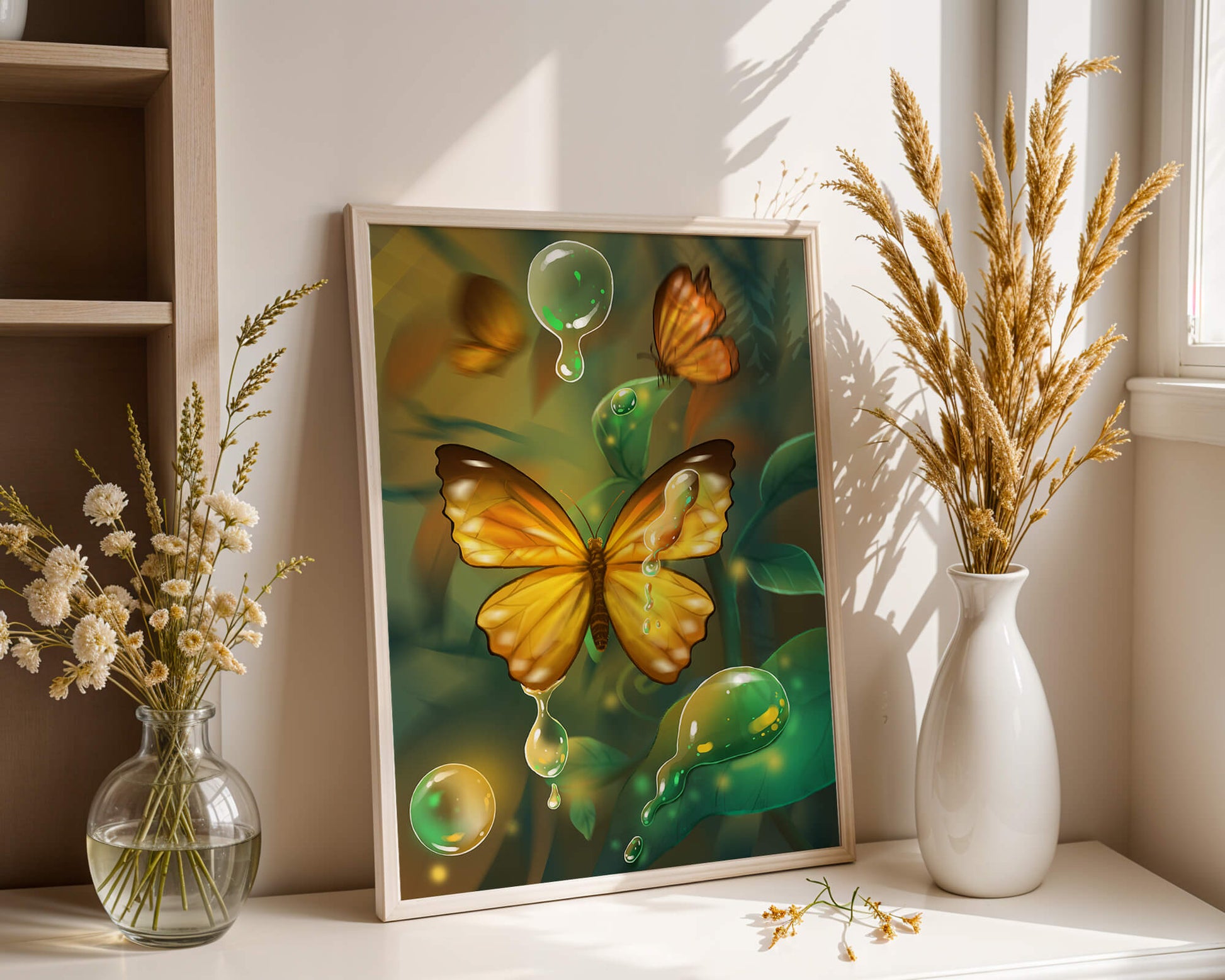 Butterflies Among Dewdrops in a Serene Forest Setting