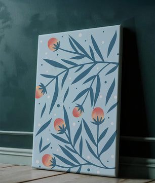 Abstract botanical pattern with colorful flowers and leaves on light blue background