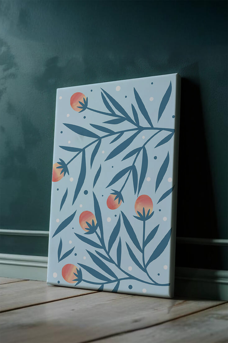 Abstract botanical pattern with colorful flowers and leaves on light blue background