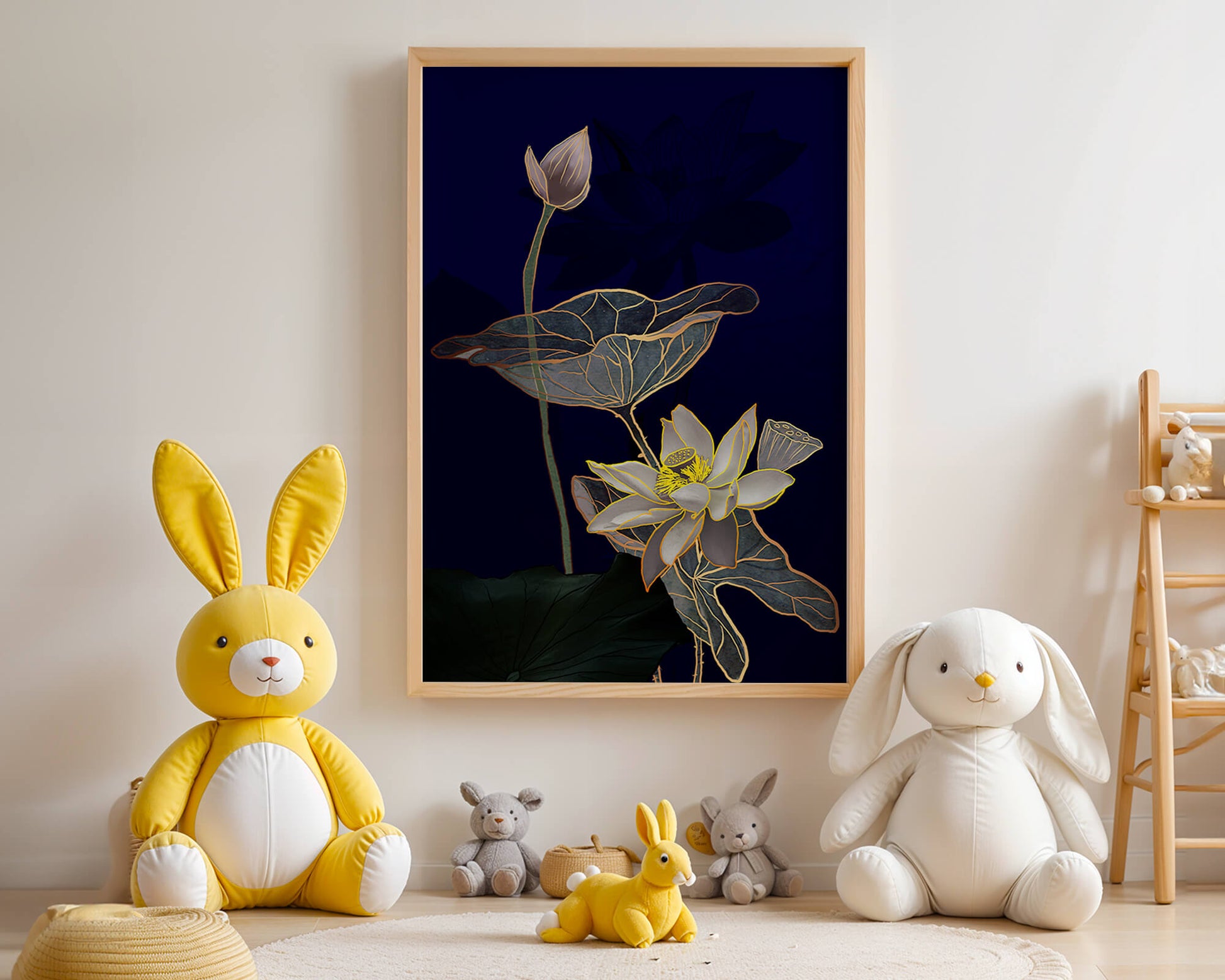 Elegant Lotus Flower with Gold Accents on Deep Blue Background
