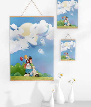 Whimsical illustration of a child riding a scooter with floating whales and balloons