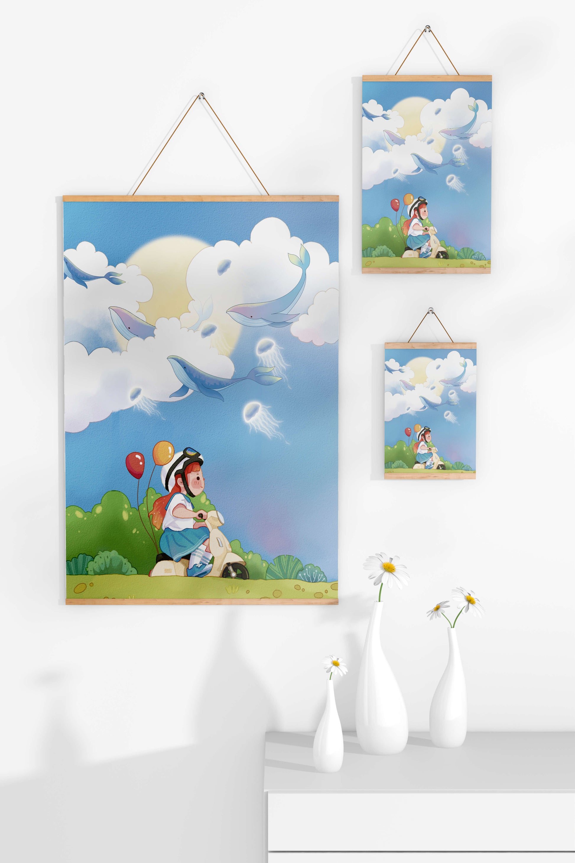 Whimsical illustration of a child riding a scooter with floating whales and balloons