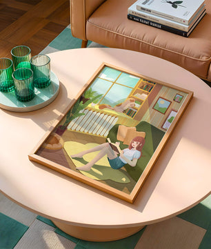 Cozy Living Room with a Reading Girl and Cat by the Window
