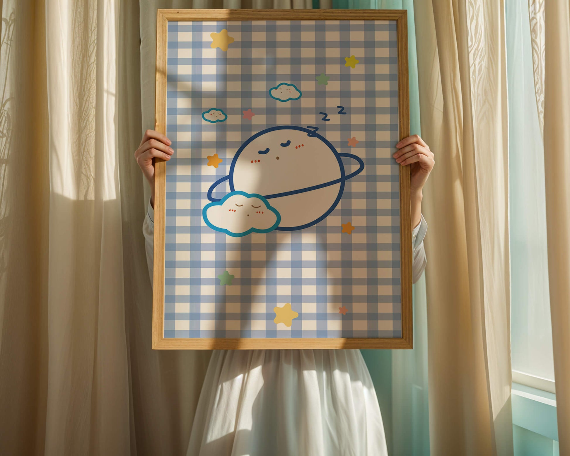 Whimsical sleep theme with planets and clouds on a checkered background