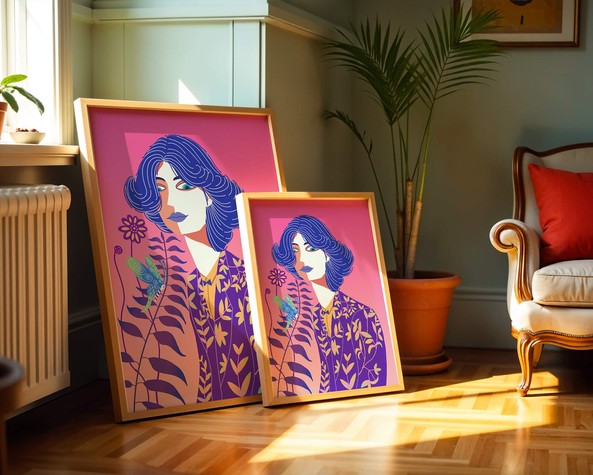 Stylized Portrait of a Woman with Blue Hair and Botanical Pattern