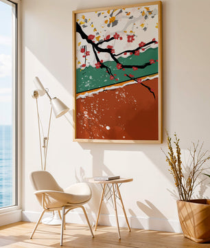 Artistic depiction of blossom branches with gold elements and abstract background