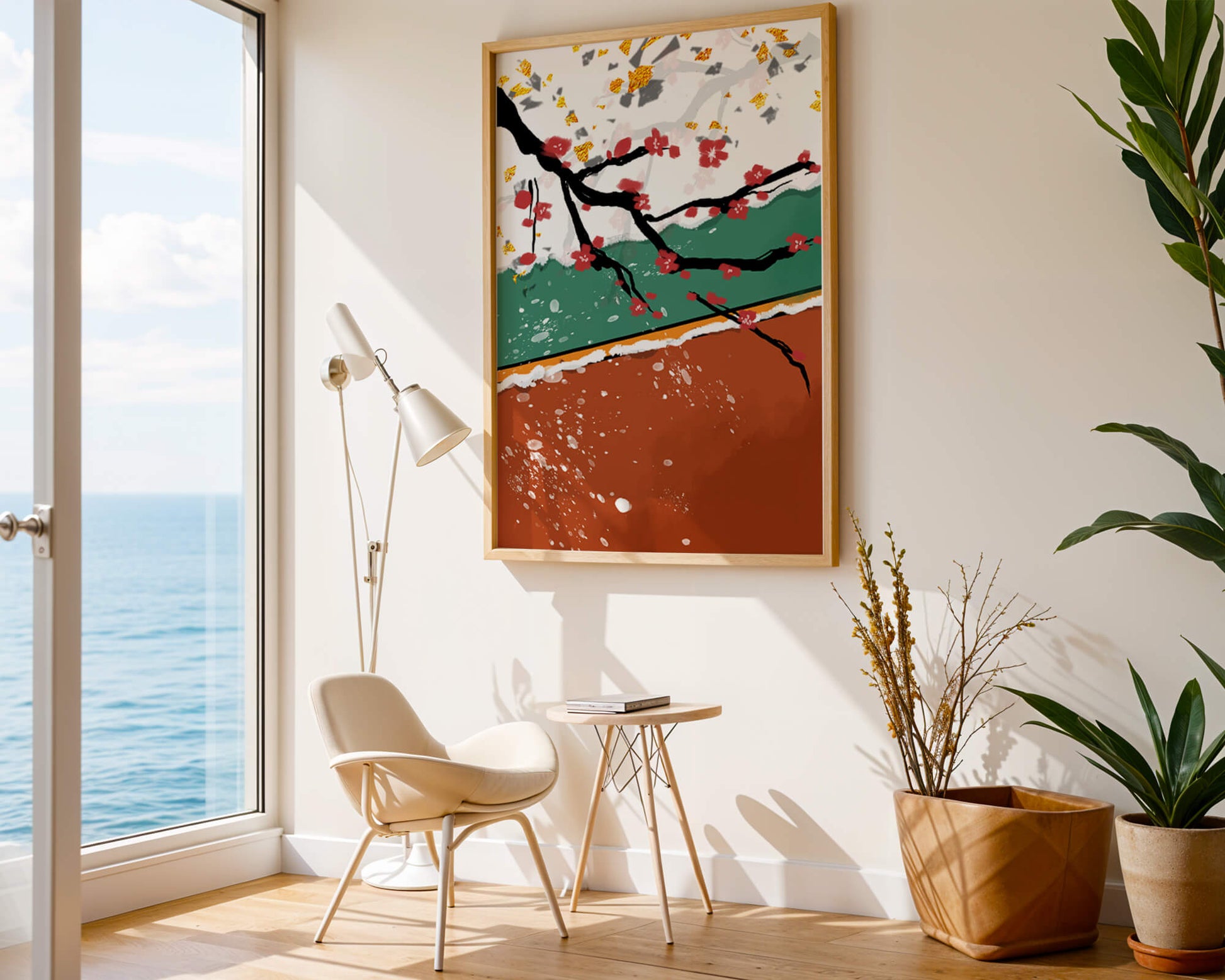 Artistic depiction of blossom branches with gold elements and abstract background