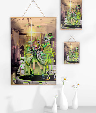 Chica de anime futurista con aura verde y compañeros robóticos en un paisaje urbano de ciencia ficción