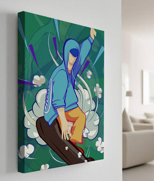 Ilustración abstracta colorida de una persona en movimiento con tonos azules y verdes