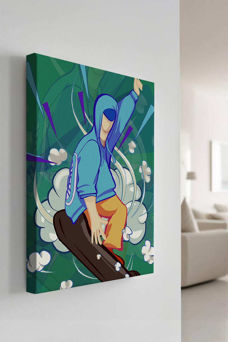 Ilustración abstracta colorida de una persona en movimiento con tonos azules y verdes