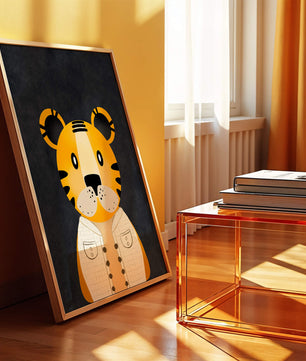 Illustration of cute cartoon tiger character in stylish outfit on dark background
