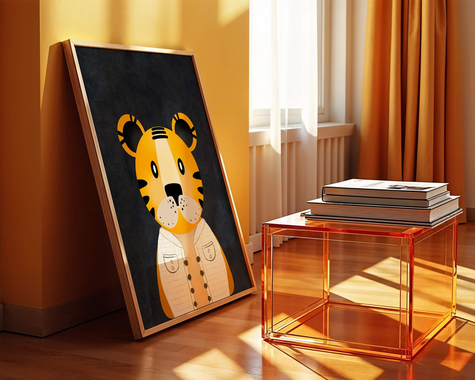 Illustration of cute cartoon tiger character in stylish outfit on dark background