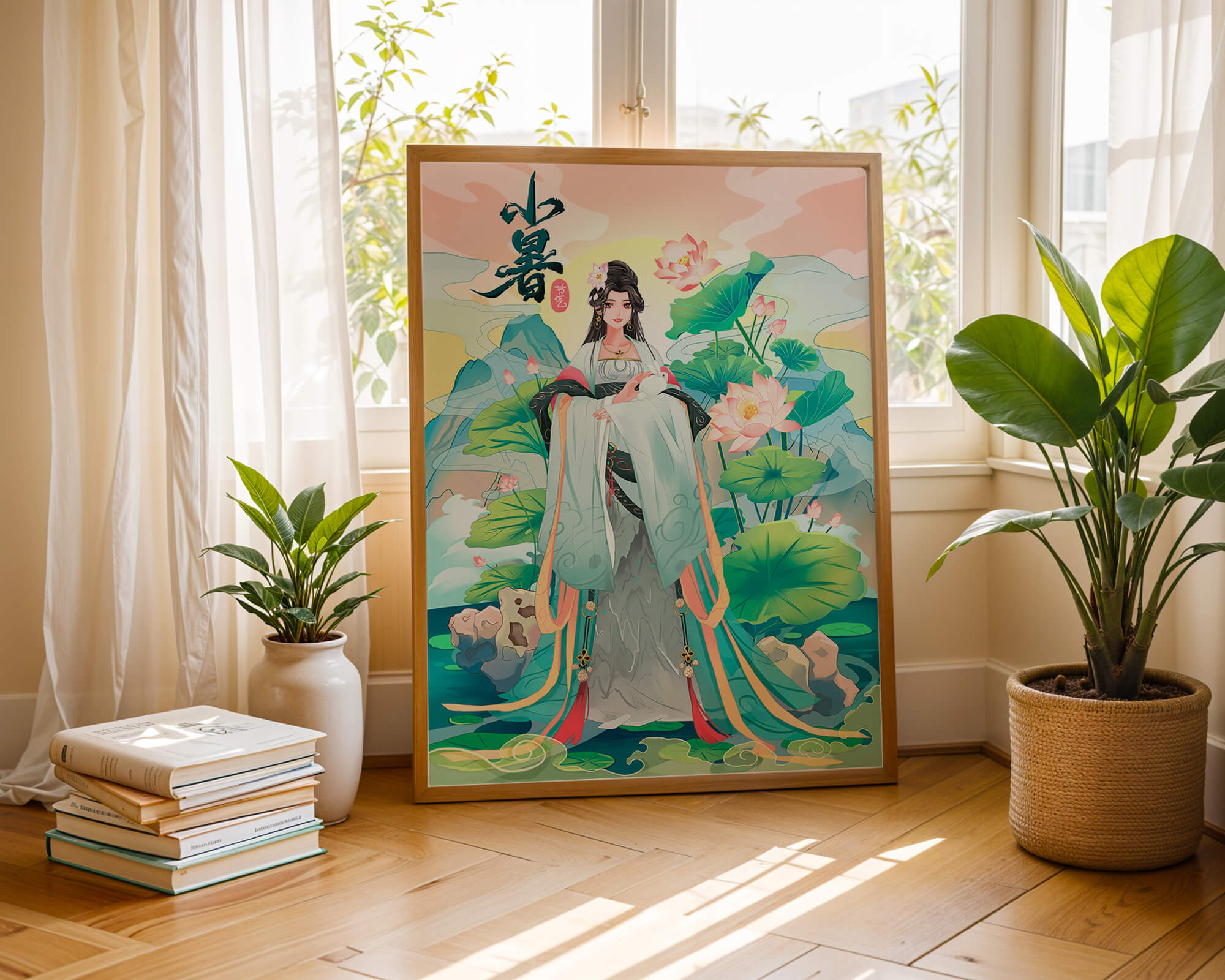 Elegant woman in traditional attire with lotus flowers and serene backdrop