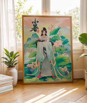 Elegant woman in traditional attire with lotus flowers and serene backdrop