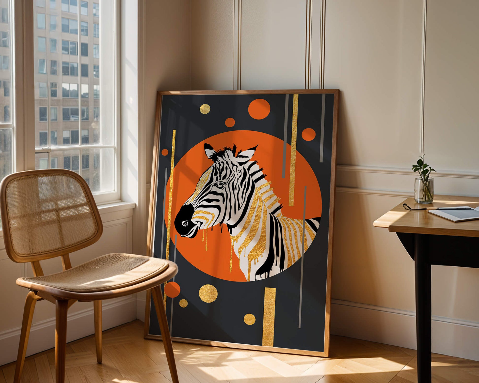 Modern zebra art with golden accents on abstract background