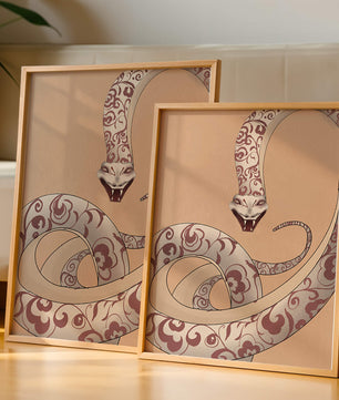 Elegant coiled snake with floral patterns in an artistic composition
