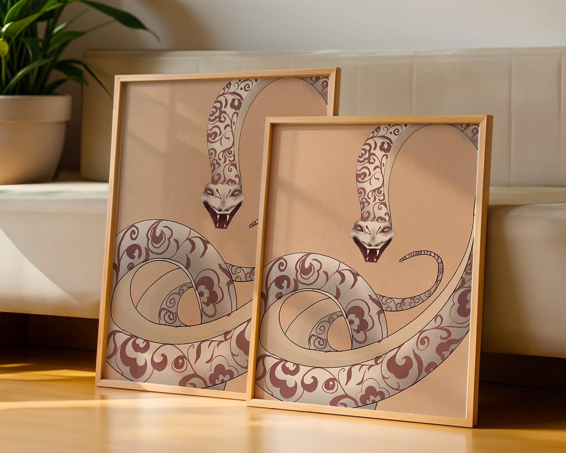 Elegant coiled snake with floral patterns in an artistic composition