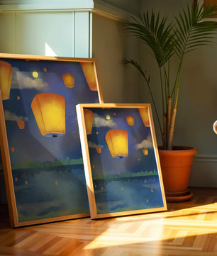 Lanterns Floating in Night Sky over Reflective Lake
