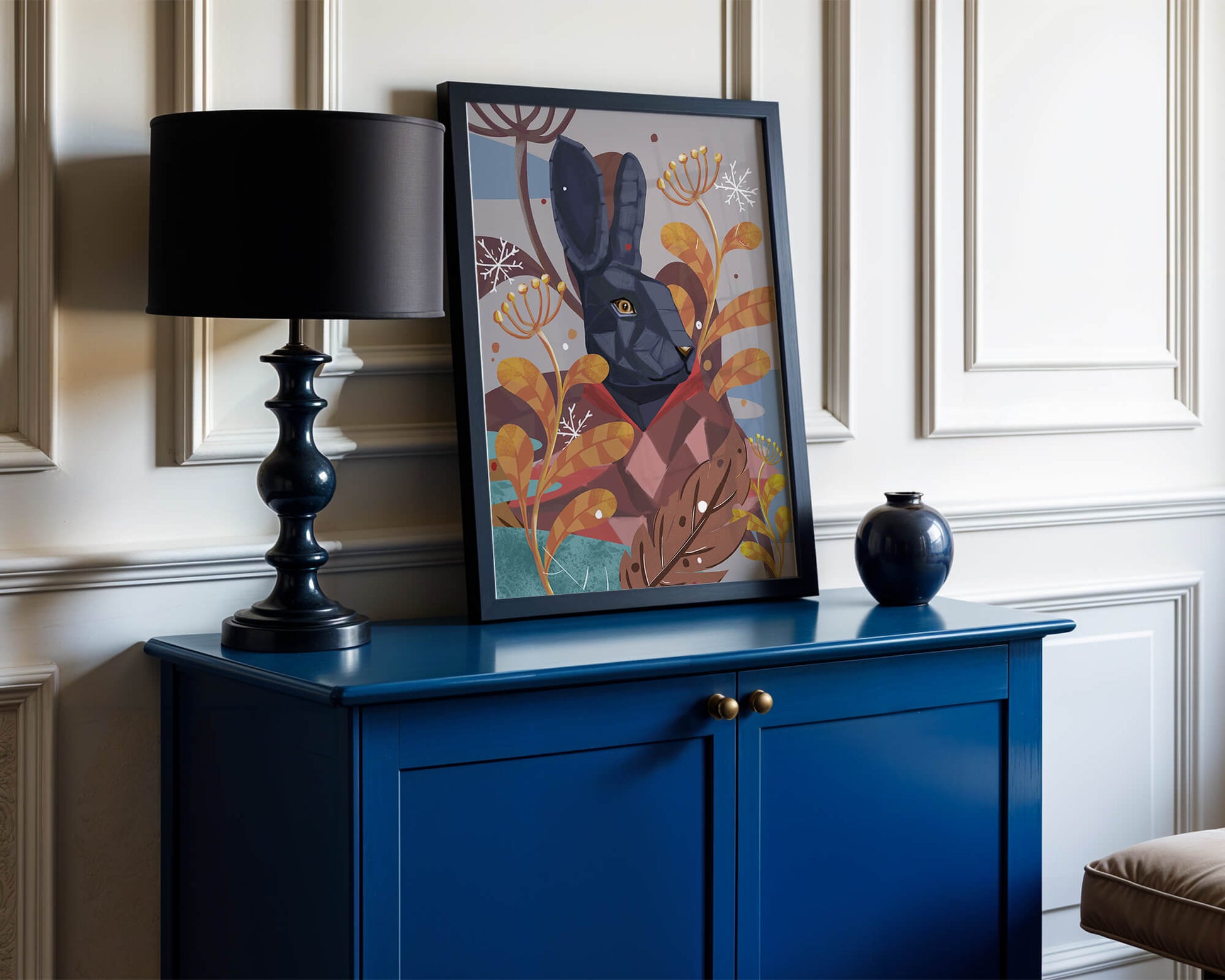 Abstract geometric rabbit in a vibrant autumn floral setting