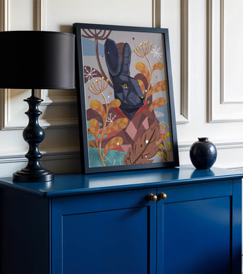 Abstract geometric rabbit in a vibrant autumn floral setting