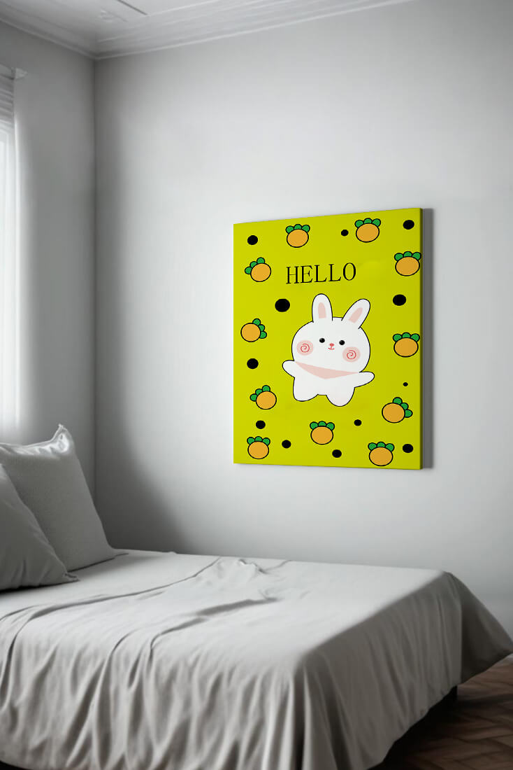 Charming rabbit cartoon illustration on yellow background with orange elements