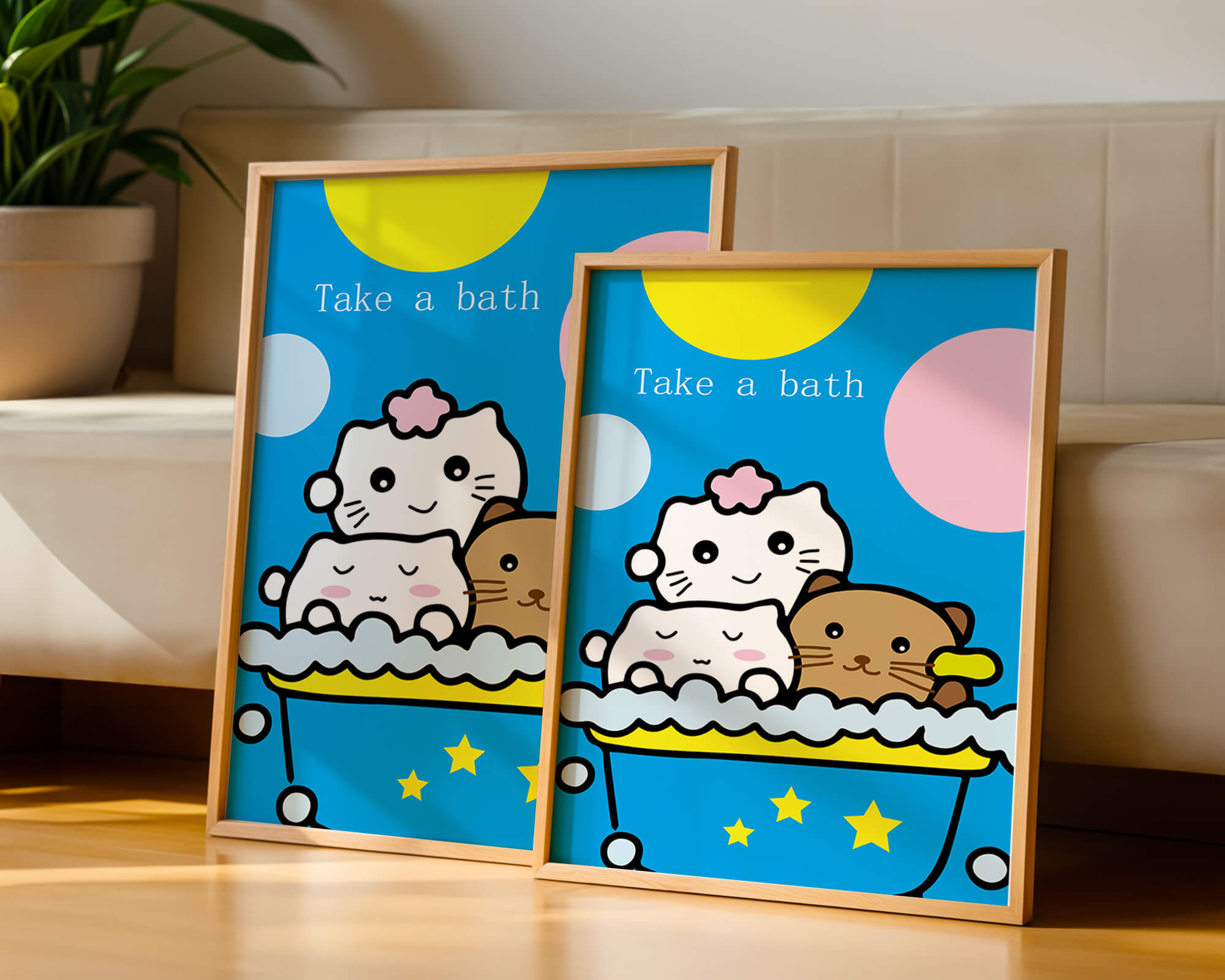 Adorable cartoon characters in a bubble bath with vibrant background