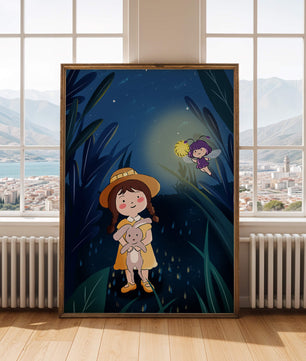 Ilustración de una chica en un bosque con una luciérnaga mágica por la noche