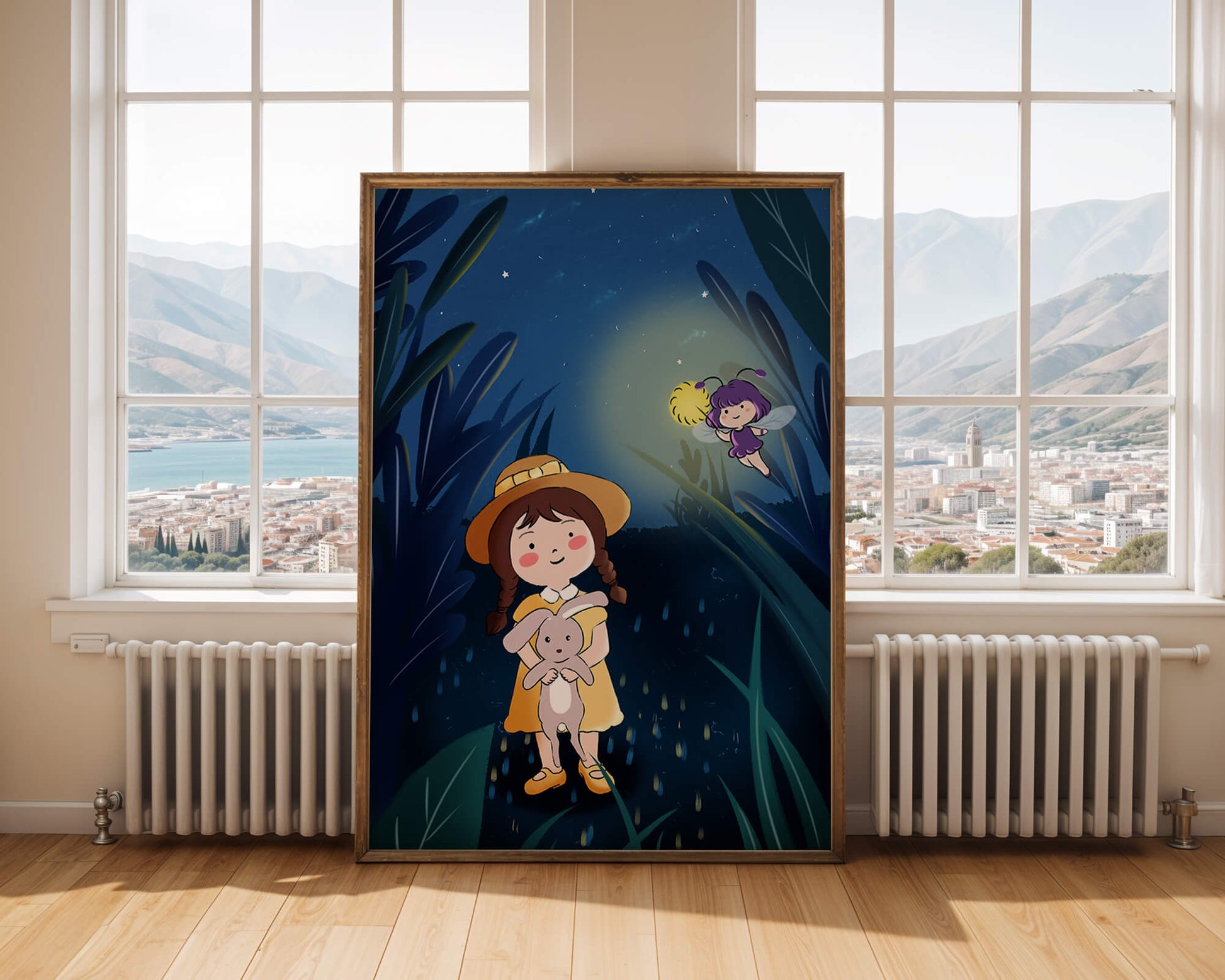 Ilustración de una chica en un bosque con una luciérnaga mágica por la noche